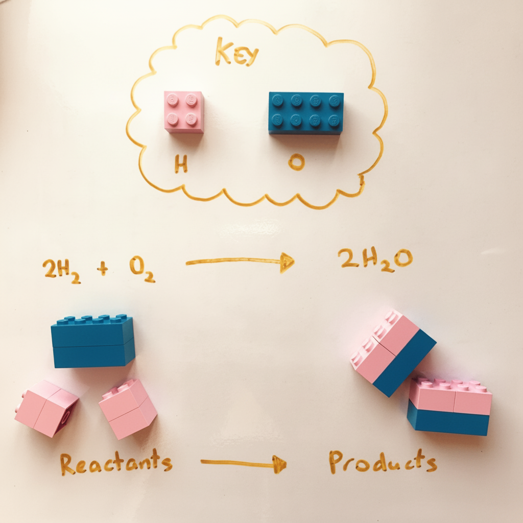 Lego bricks used to demonstrate conservation of mass: the same number of hydrogen and oxygen bricks are present on both sides of the equation 2H2 + O2 to 2H2O