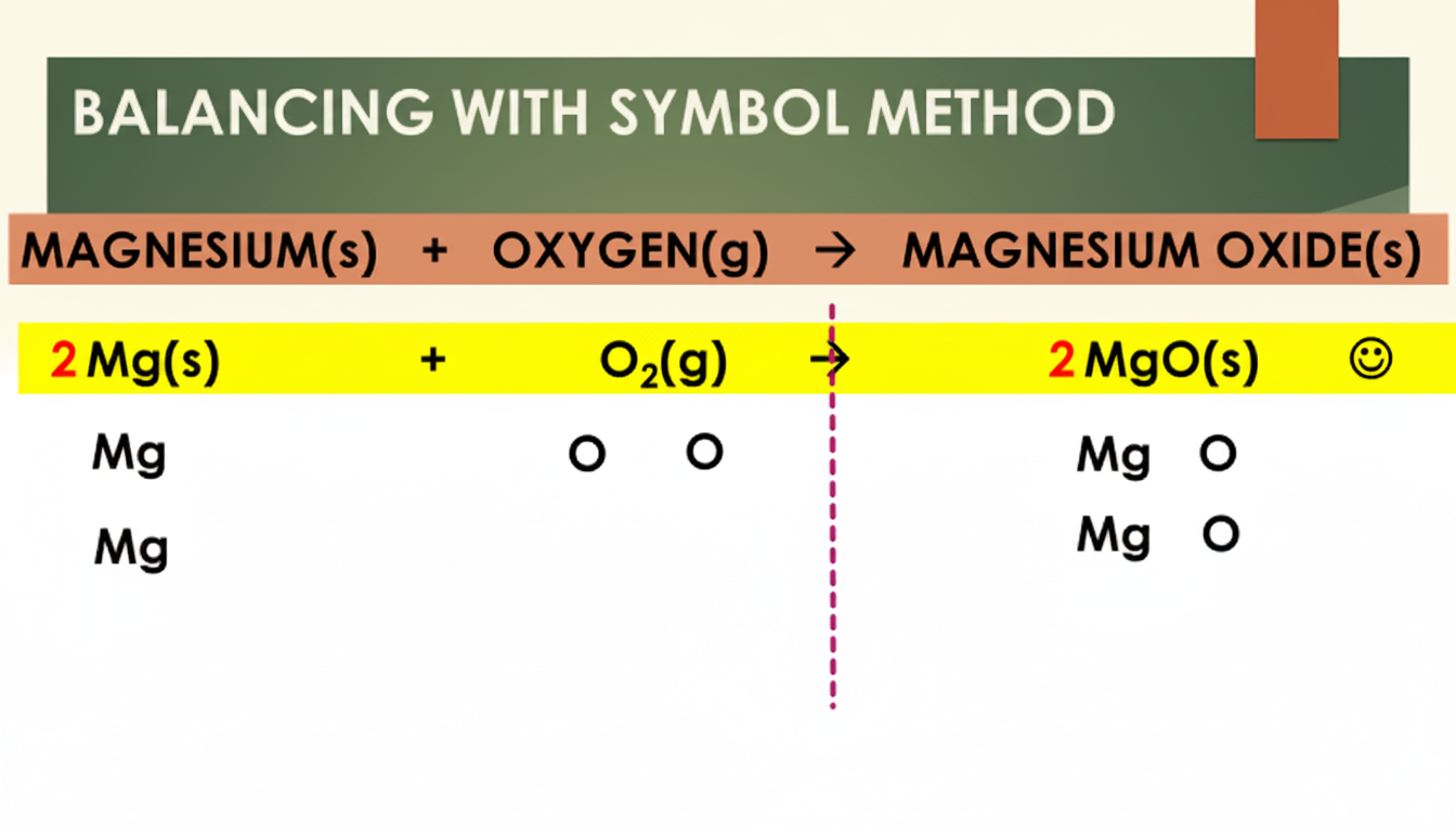 Balancing with the Symbols Method: Magnesium + Oxygen to Magnesium Oxide. The balanced equation is 2Mg(s) + O2(g) to 2MgO(s). Each element is listed below the equation to verify equal atoms on both sides.