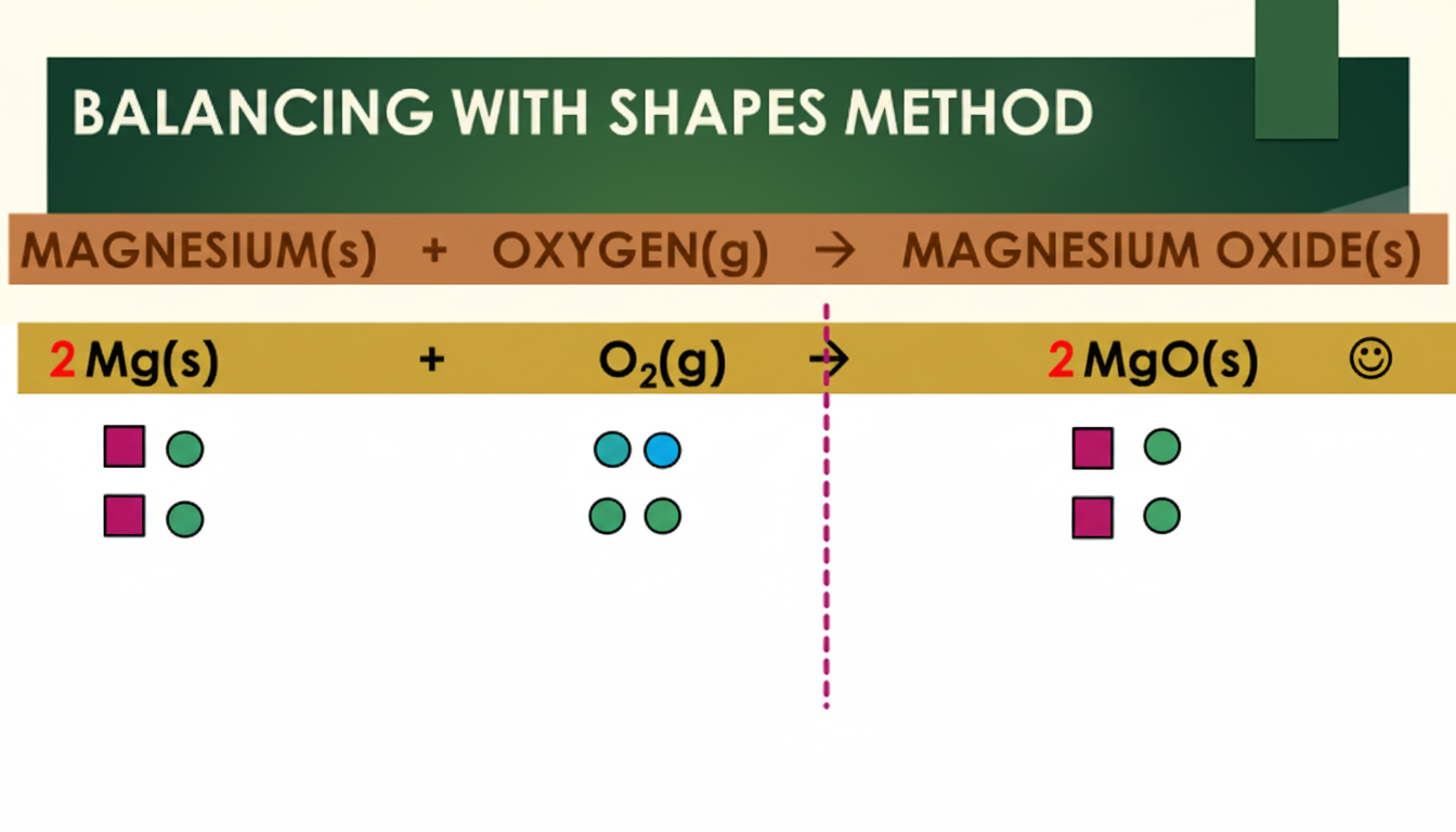 Balancing with the Shapes Method: the same reaction 2Mg(s) + O2(g) to 2MgO(s), using coloured shapes to represent different atoms and confirm the count matches on both sides