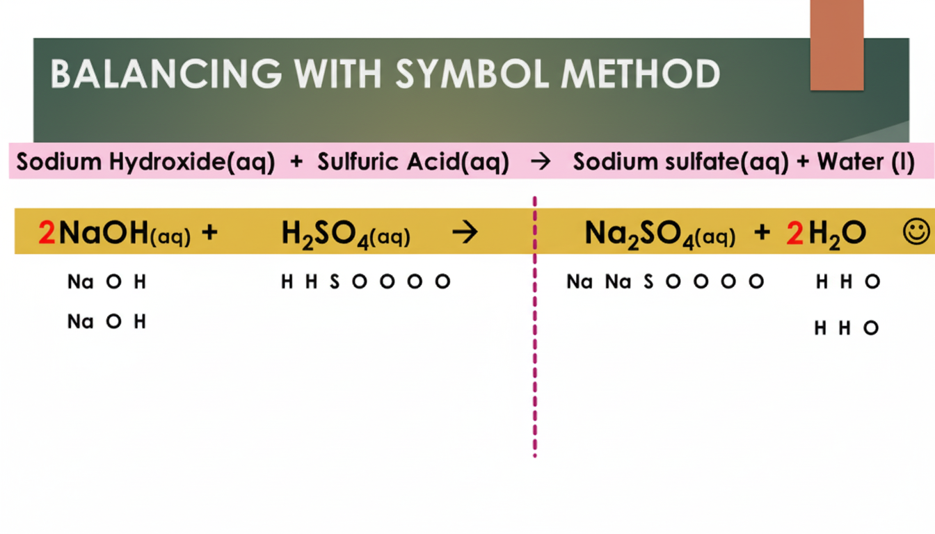 Balancing with the Symbols Method: Sodium Hydroxide + Sulfuric Acid to Sodium Sulfate + Water. The balanced equation is 2NaOH(aq) + H2SO4(aq) to Na2SO4(aq) + 2H2O(l). Each element is listed to verify equal atoms on both sides.