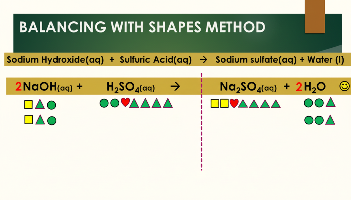 Balancing with the Shapes Method: the same reaction 2NaOH + H2SO4 to Na2SO4 + 2H2O, using coloured shapes to represent different atoms and confirm the count matches on both sides