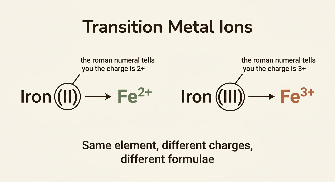 Transition Metal Ions diagram showing how Iron (II) gives Fe2+ and Iron (III) gives Fe3+, with the roman numeral circled and labelled as telling you the charge