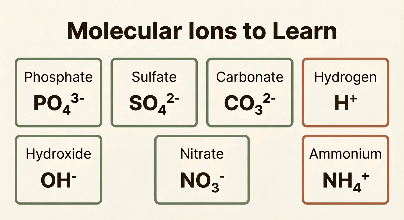 Reference card showing the molecular ions to learn: Phosphate PO4 3-, Sulfate SO4 2-, Carbonate CO3 2-, Hydroxide OH-, Nitrate NO3-, Hydrogen H+, and Ammonium NH4+
