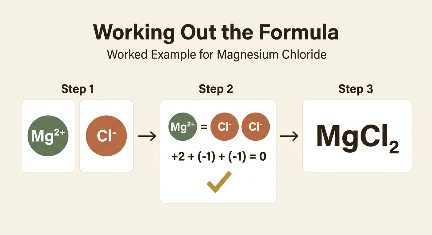 Worked example for Magnesium Chloride showing three steps: Step 1 identify ions Mg2+ and Cl-, Step 2 balance charges +2 + (-1) + (-1) = 0, Step 3 write formula MgCl2