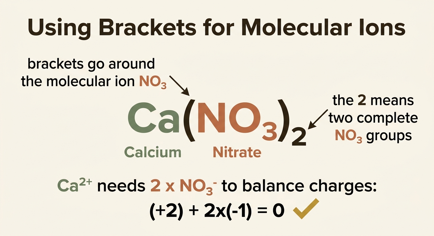 Diagram explaining bracket notation in Ca(NO3)2: brackets go around the molecular ion NO3, and the subscript 2 means two complete NO3 groups. Ca2+ needs 2 x NO3- to balance: (+2) + 2x(-1) = 0