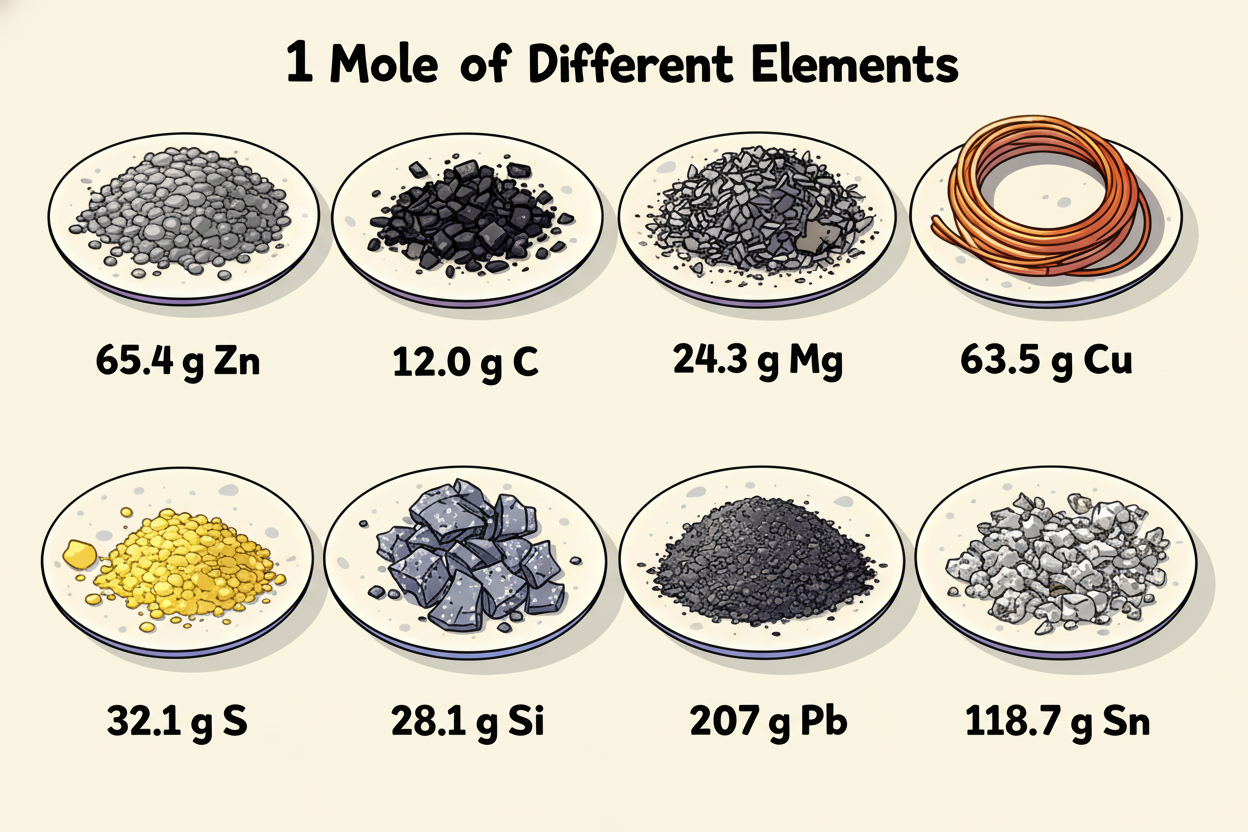 Illustration showing 1 mole of different elements: 65.4 g of zinc, 12.0 g of carbon, 24.3 g of magnesium, 63.5 g of copper, 32.1 g of sulfur, 28.1 g of silicon, 207 g of lead, and 118.7 g of tin