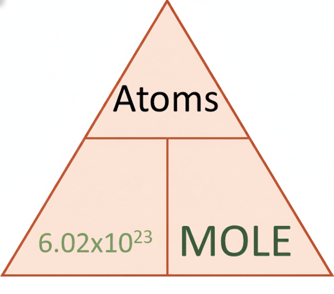 Formula triangle for particles: Atoms on top, with 6.02 times 10 to the 23 and MOLE on the bottom